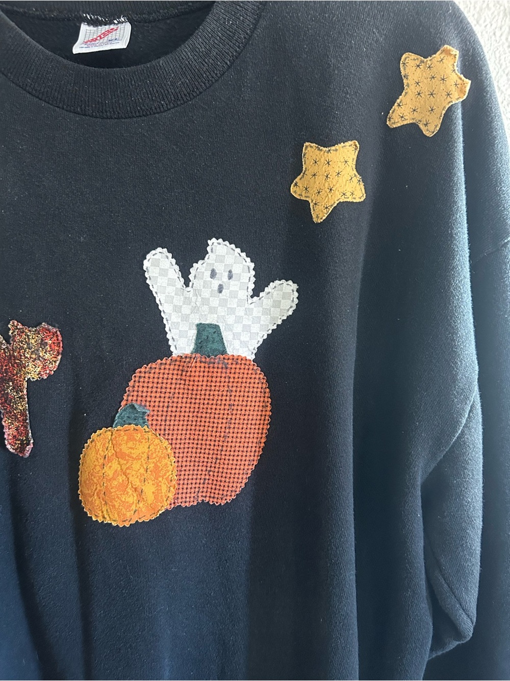 Vintage Jerzees Halloween Patchwork Ghost Pumpkin Crewneck Sweatshirt Womens XL - Picture 2 of 7